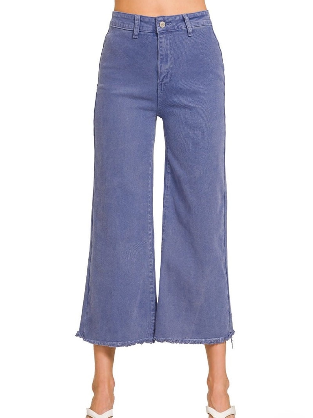 Zenana Acid Wash Wide-Leg Frayed Hem Jeans in Washed Blue